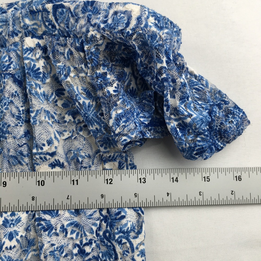 Bohemian style sun dress womens XS Blue Ivory Floral Lace Cold Shoulder Mini - Picture 5 of 9